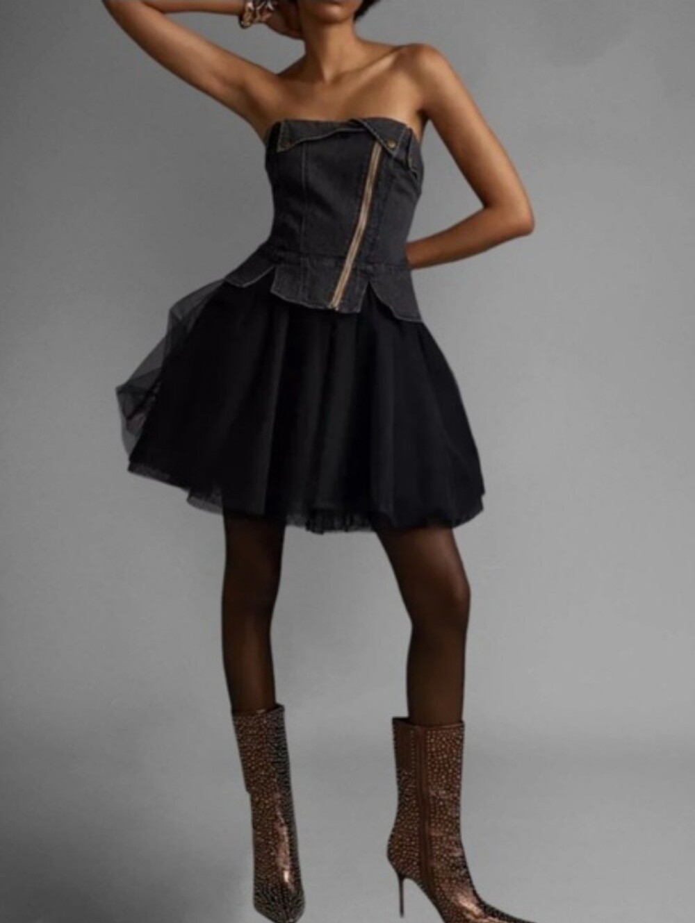 NWT Anthropologie Pilcro Strapless Denim Tulle Mini Dress